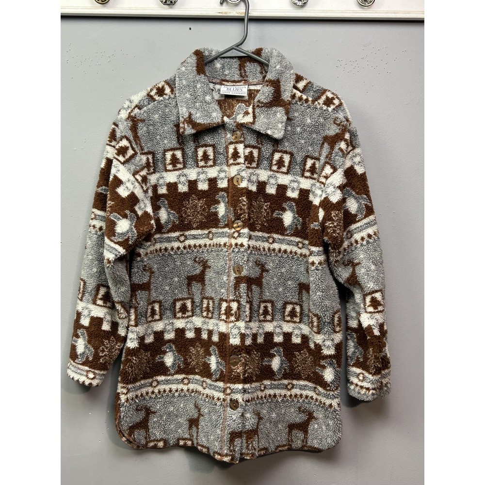 Montana Blues Jacket Womens Medium Brown Gray Sherpa Fleece Button Front‎ Deer